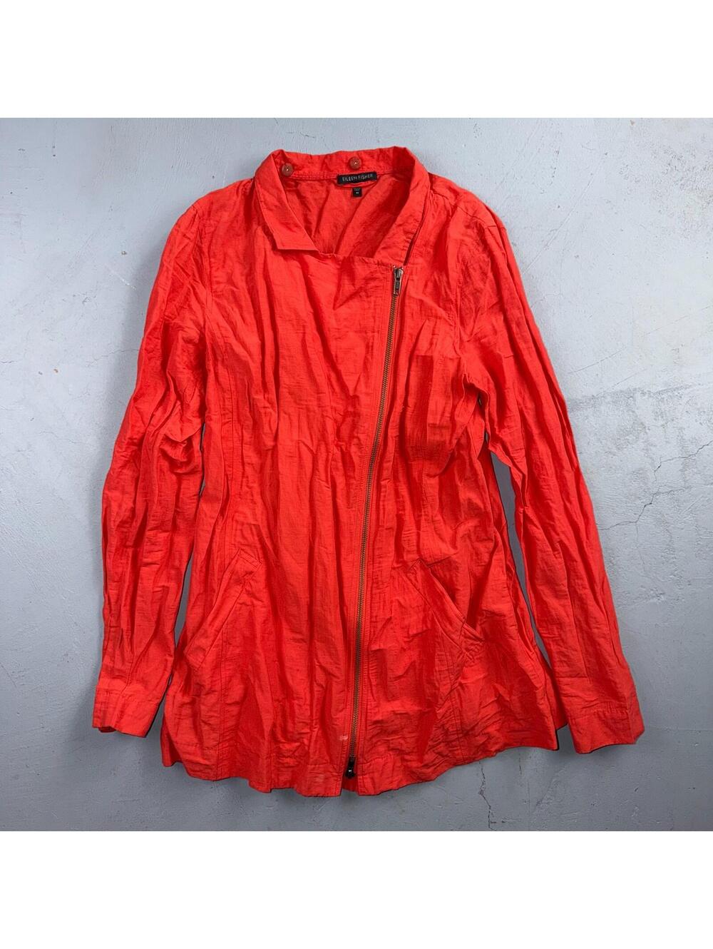 Eileen Fisher Cotton Coral Crinkle Asymmetrical Mock Neck Jacket Size Medium